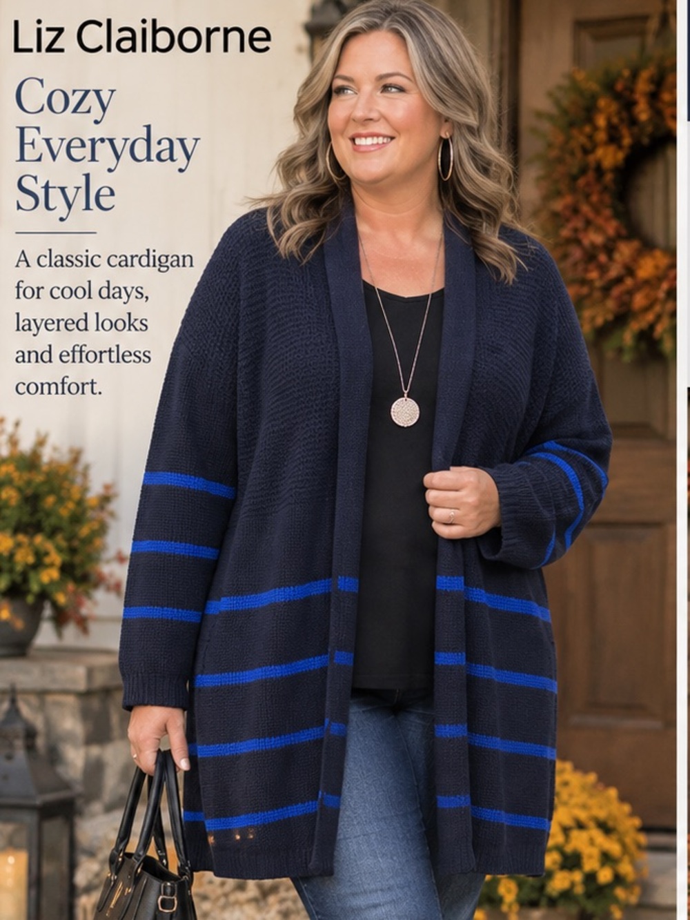 Liz Claiborne Navy and Royal Blue Striped Open-Front Cardigan